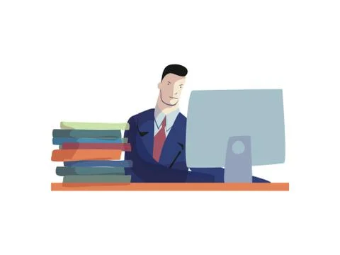 Man in suit works at computer. Office work day. Illustrazione stock