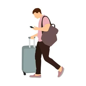 Man with suitcase going and watching his smartphone. Flat vector illustration. Stock Illustration