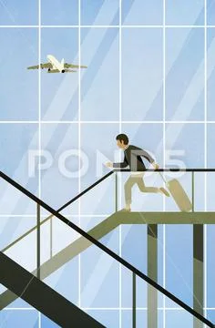 Man with suitcase rushing on escalator in airport Stock Illustration