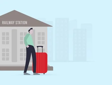 Man with a suitcase standing next to the exit of a railway station, ready to Stock Illustration