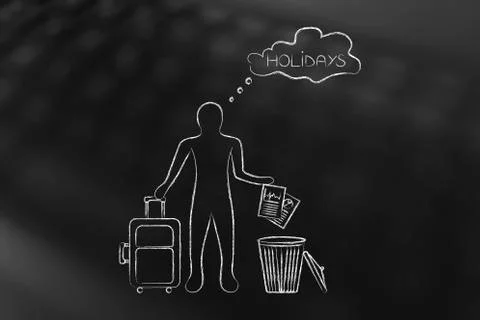 Man with suitcase thinking about Holidays and throwing business documents Stock Illustration