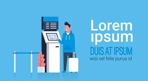 Man With Suitcase Using Queue Management System Terminal At Airport Waiting For Illustrazione stock