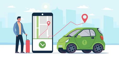 A man with a suitcase is waiting ordered taxi eco car. An electric taxi arrived Stock Illustration