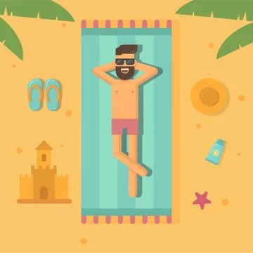 Man sunbathing at the beach flat illustration Stock Illustration