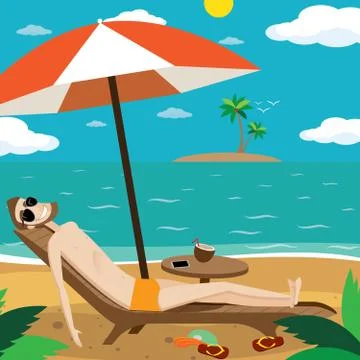 Man sunbathing on the beach 库存插图