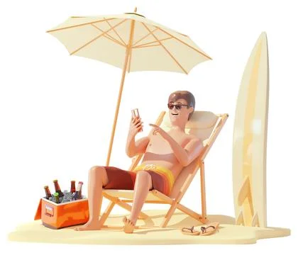 Man sunbathing on the beach with smartphone Stock Illustration
