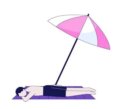 Man sunbathing face down under beach umbrella 2D cartoon character Stock Illustration