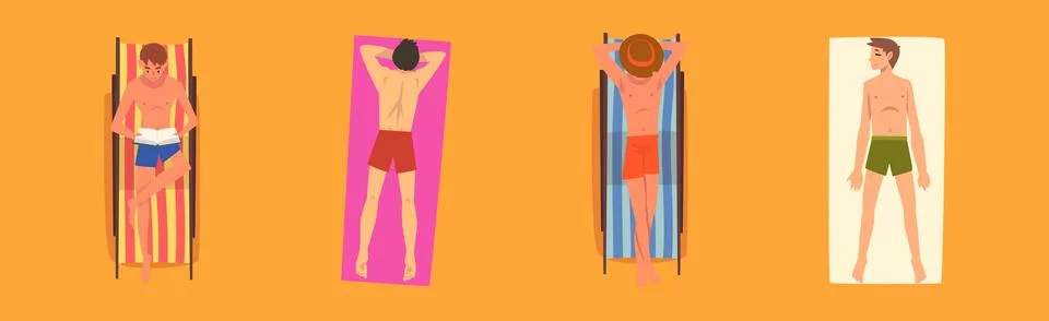 Man Sunbathing on Sandy Beach Lying on Blanket Top View Vector Set Stock Illustration