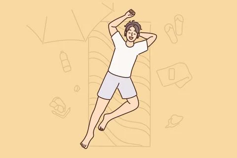 Man sunbaths lying on mattress on beach and enjoys summer holidays on hot island イラスト素材