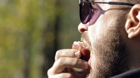 Man in sunglasses eats an apple on nature Video stock 96218833