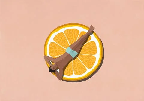 Man with suntan sunbathing on orange slice against pink background Stock Illustration