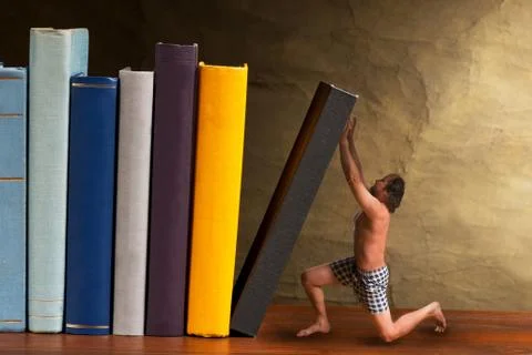 Man supporting falling book in the bookshelf Stock Illustration