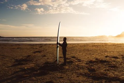 Man with surf walking on the the beach with forest behind while sunset Stock-Fotos
