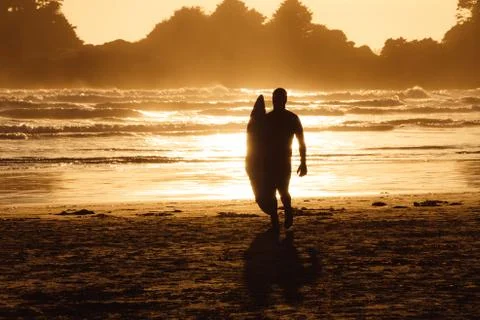 Man with surf walking on the the beach with forest behind while sunset Stock Photos