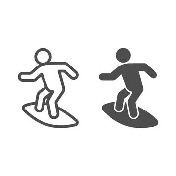 Man on surfboard line and solid icon, waterpark concept, Surfer sign on white Stock Illustration