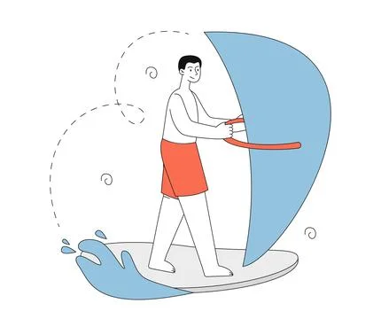Man on surfboard. Young guy sailing on board with sail. Windsurfing in tropical Stockillustratie
