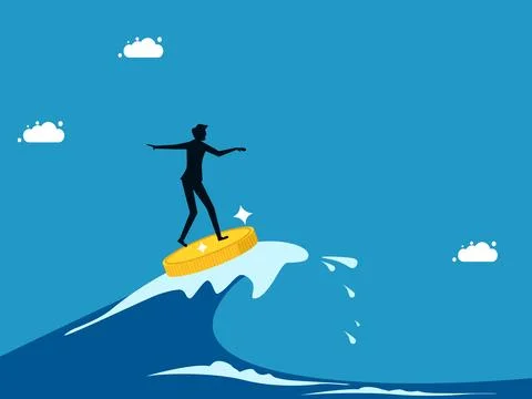Man surfing sea waves with coins. The concept of going through a crisis wit.. Stock Illustration