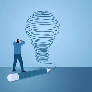A man is surprised to see pen scribbles become idea lamps, illustrations fo.. Stock Illustration