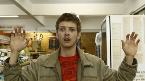 Man surrendered in the store, scared, wets his pants. Stock Footage 51806189