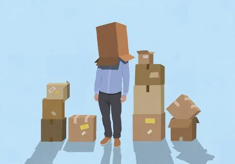 Man surrounded by moving boxes standing with cardboard box covering head against 스톡 일러스트