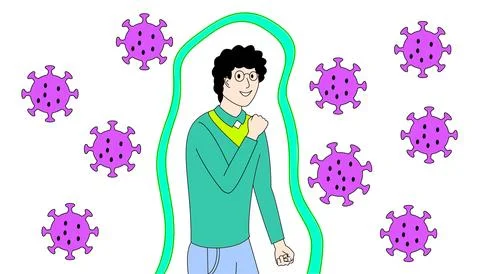 A man is surrounded by a purple cloud of viruses Stock Illustration