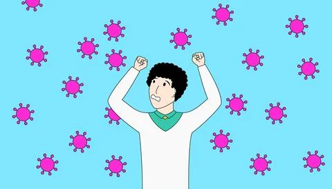 A man is surrounded by a purple cloud of viruses. Stock Illustration