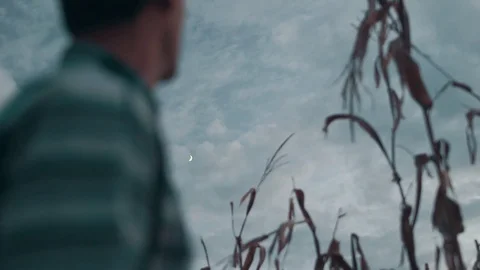 Man Surveys Moon During Sunset Stock Footage 81964993