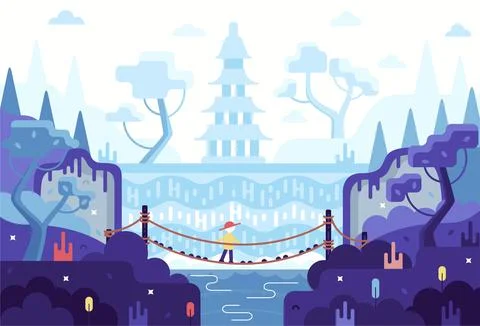 Man on a suspension bridge - Vector cartoon Illustration with oriental elements Stock Illustration