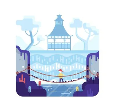 Man on a suspension bridge - Vector cartoon Illustration in square frame Stock Illustration
