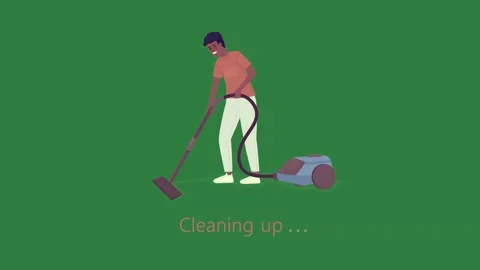 A man sweeping the floor with broom and is cleaning mop vacuuming shovel green Видео 335129968