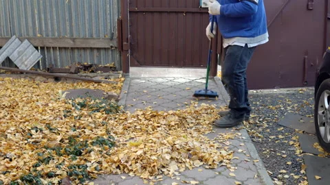 A man is sweeping a path from fallen leaves in his yard. Autumn in the Russian Stock Footage 141469781