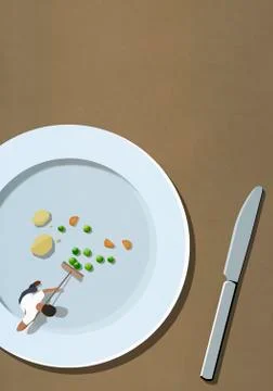 Man sweeping up vegetables scraps on large plate Stock Illustration