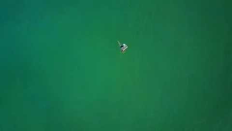 Man swim at tropical water in early morning, top-down aerial spinning shot Stock Footage