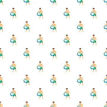 Man in swim trunks holding inflatable ring seamless pattern 스톡 일러스트