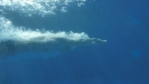 Man swimmer dive in swimming pool at start, underwater shoot Stock Footage
