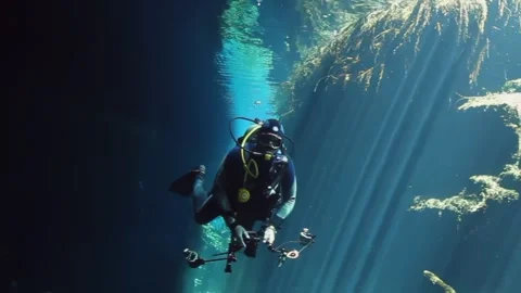 A man is swimming in the ocean with a camera Video stock 309986494