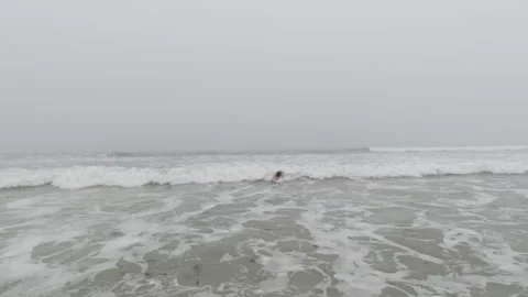 Man Swimming in Rough Ocean Waves on Overcast Day Stock Footage 310307554