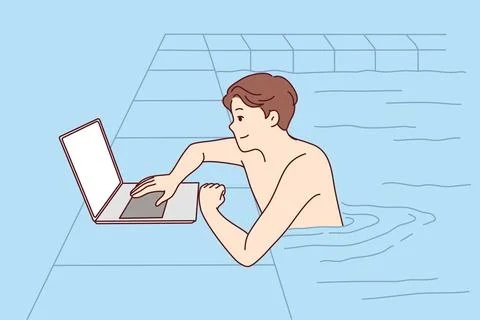 Man swims in pool and uses laptop to do freelance work while traveling or Stock Illustration
