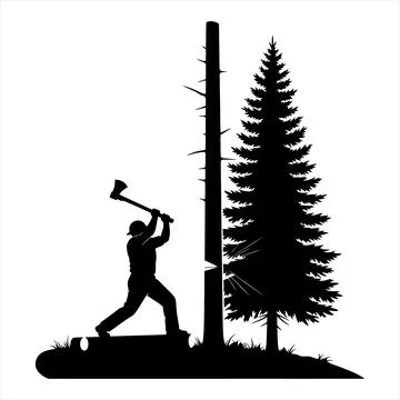 Man swinging axe at tree stump next to pine tree Stock Illustration