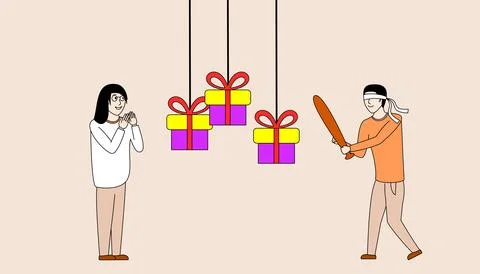 Man is swinging a bat at three boxes hanging from the ceiling Stock Illustration