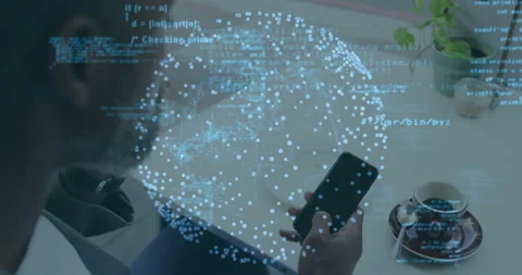 Man swiping smartphone generating technology hologram and code lines then Stock Footage 314173829