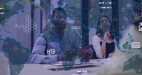 Man swiping tablet presenting data with world map overlay in business meeting Stock Footage 312656549