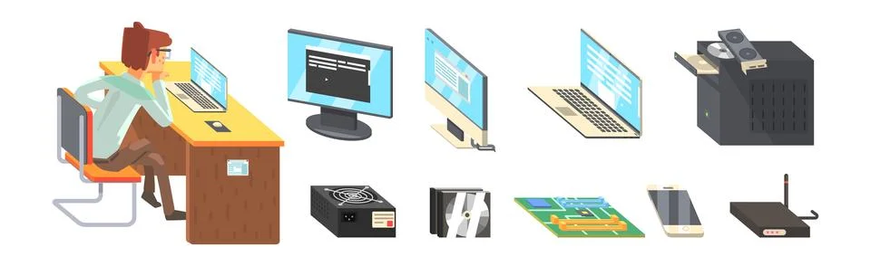 Man System Administrator and Computer Hardware Vector Set 스톡 일러스트