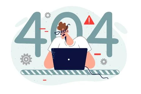 Man system administrator sees 404 error on website and repairs computer to fix Stock Illustration