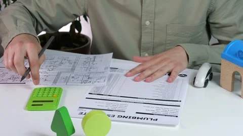 A man at a table with drawings, an estimate and a calculator. A man recalculates Stock Footage 314108393