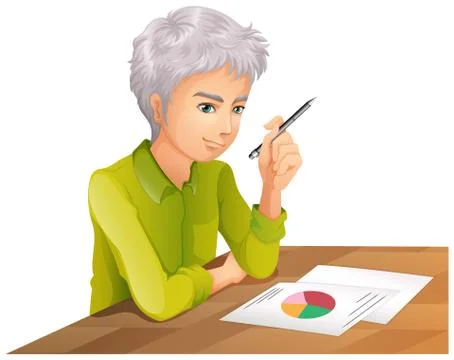 A man at the table with a pen and a paper with a graph Stock Illustration