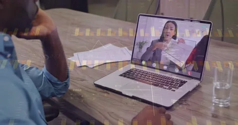Man at table watching host presenting data with docs in business call, charts 스톡 동영상 332289719