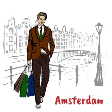 Man with tablet in Amsterdam Stock Illustration