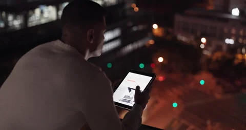 Man, tablet and city using night data to scroll on internet for global Stock Footage 229467837