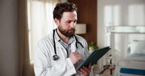 Man, tablet and doctor thinking of healthcare report, admin information or Stock Footage 341493667
